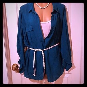 dark teal button-up blouse w/button sleeve